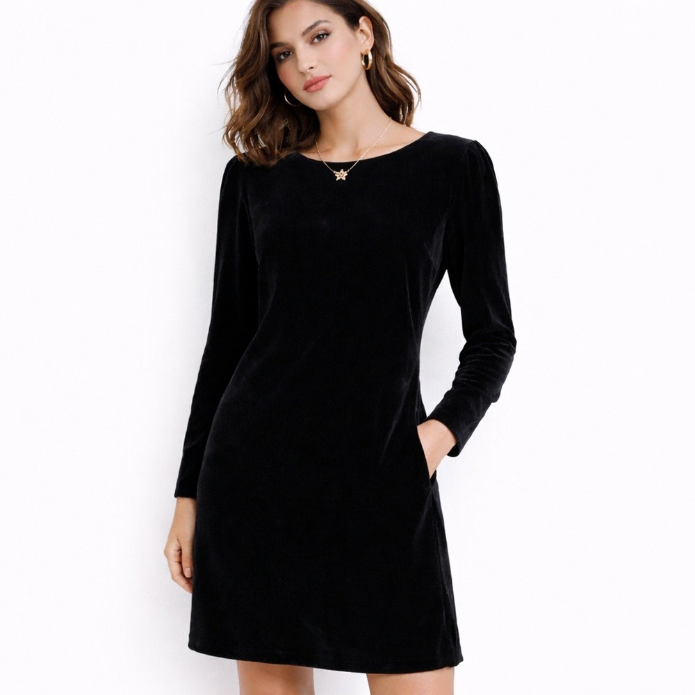 New Boden Shift Dress Black Velvet Long Sleeve Open Back US 14‎